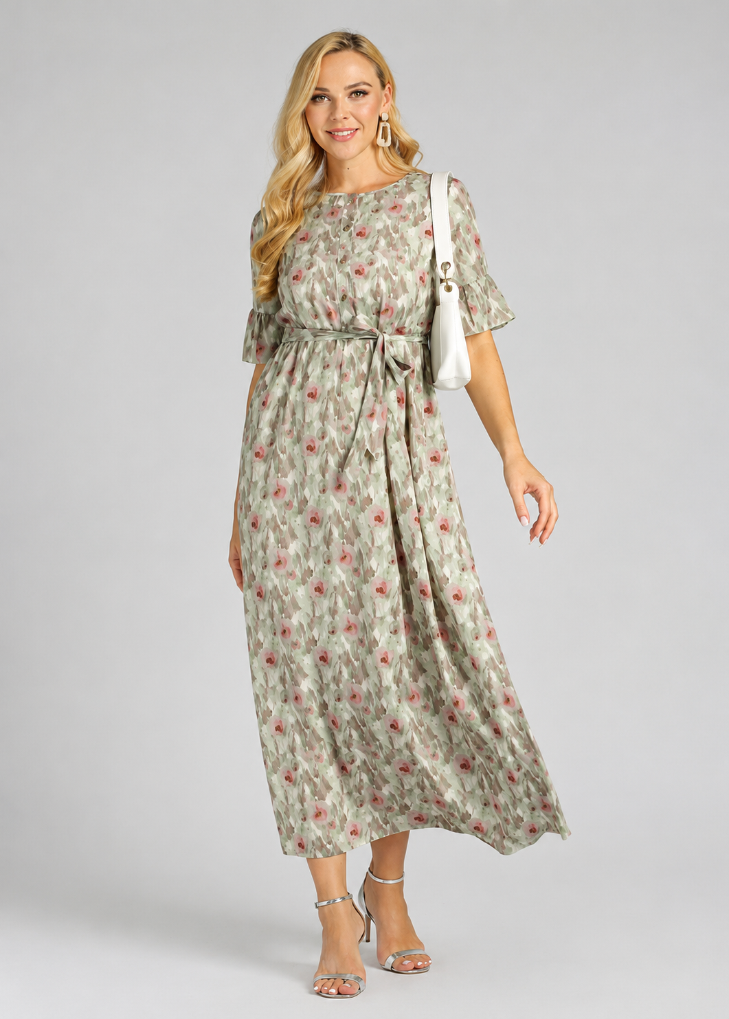 Women's Casual Floral Painting Belted Maxi Dress – Green Short Sleeve Summer Dress